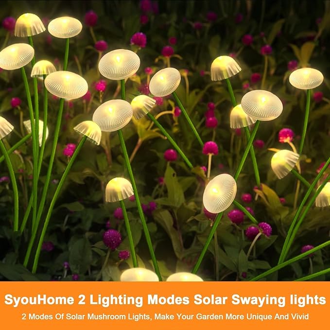 2 Pack 16 LEDs Solar Garden Lights, Upgraded 8 Modes Solar Lights Outdoor, IP65 Waterproof Swaying Light, Mushroom Outdoor Decor for Garden, Yard, Patio, Pathway (Warm White)