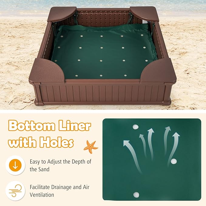 HONEY JOY 12.5 Kids Sandbox with Cover, 48 x 48 Inch Large HDPE Pit for Backyard, 4 Corner Seats & Bottom Liner, Sand Protection, All Weather Resistant Sand Boxes for Kids Outdoor (Coffee)
