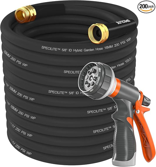 SPECILITE Garden Water Hose 200 ft x 5/8 in Heavy Duty, Flexible and Lightweight, Burst 600 psi, Kink-less Hybrid Rubber Pipe for Backyard, 3/4'' Brass Fittings, Black