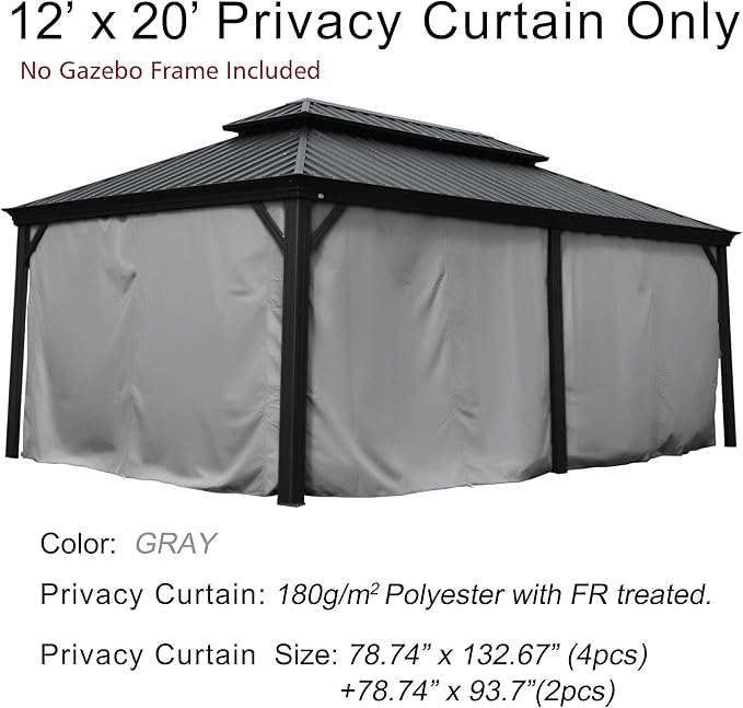 Kozyard Privacy Curtain Outdoor Waterproof Sidewall for Hardtop Gazebo, OEM Replacement for Patio Curtains - Alexander, Caesar, Rosana and Apollo Model (12ft x 20ft, Gray)