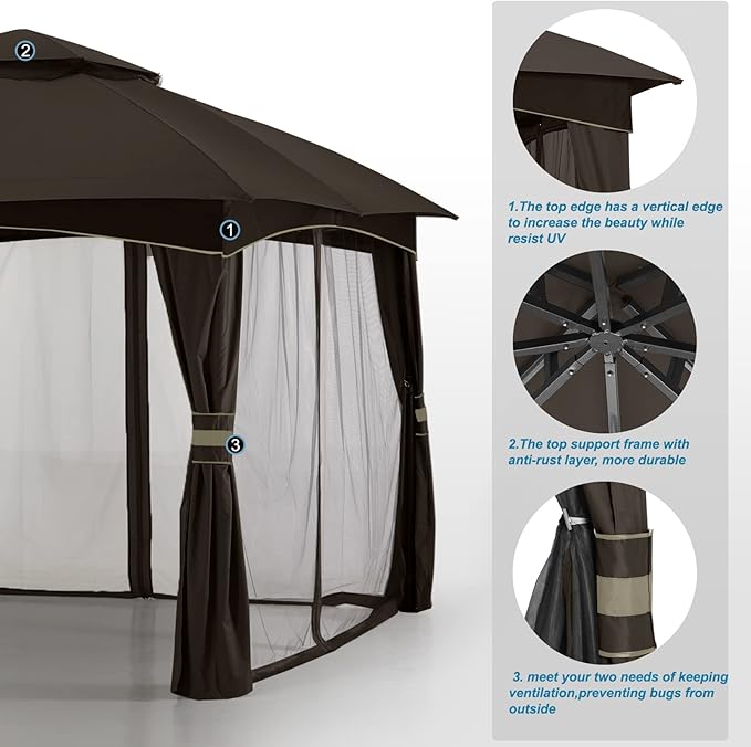 MASTERCANOPY Outdoor Patio Gazebo for Garden with Upgrade Steel Frame and Netting Walls (10x10,Brown)