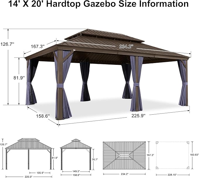 PURPLE LEAF 14' X 20' Outdoor Hardtop Gazebo Patio Wide Aluminum Frame Metal Double Roof with Heavy Duty Netting and Curtains for Permanent Hard Top Pavilion Screen, Navy Blue