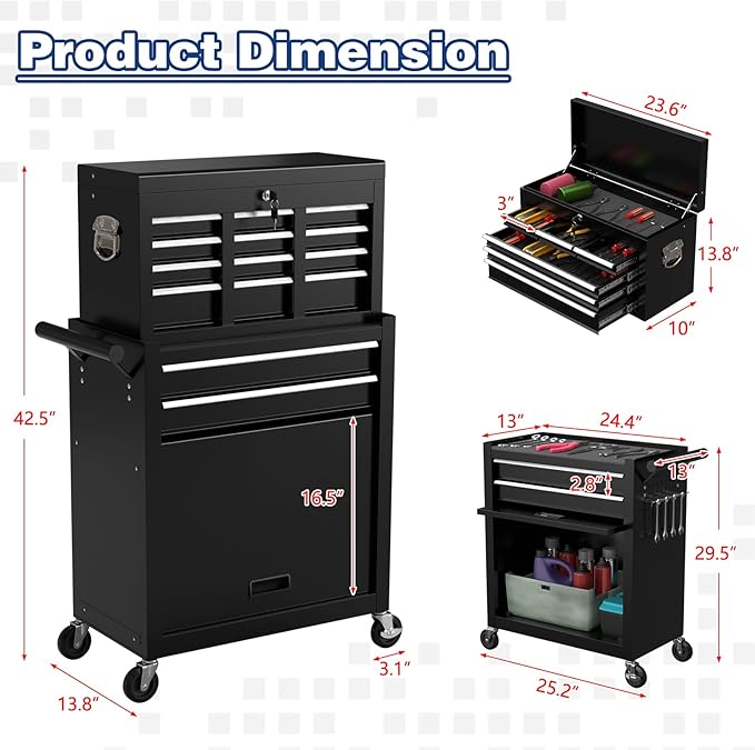 Rolling Tool Box with Wheels, 8-Drawer High Capacity Tool Chest with Wheels, Removable Storage Toolbox with Lock for Garage, Workshop (Black)