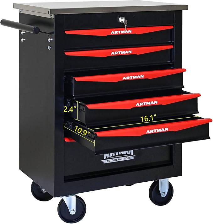 RYH 4/5/6/7 Drawers Rolling Tool Chest -Heavy Duty Mobile Metal Tool Box with Locking Wheels, with Stainless Steel Worktop, Garage Tool Storage Cabinet (Black, 6-Drawers 30.7 H¡¿22.2 W)