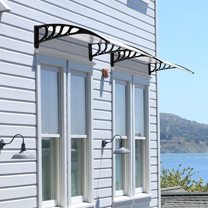 Window Awning Door Canopy Exterior- 32" x 40" Aluminum Door Awning, Polycarbonate Cover Patio Canopy Awning for House, Outside, Rain Snow & UV Resistant (Clear Board & Black Bracket)