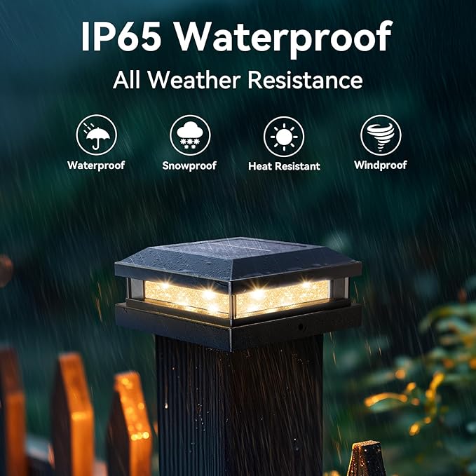 Brightever 4x4 Solar Post Cap Lights Outdoor 8 Packs, Waterproof Solar Powered Deck Light for 5x5 Vinyl/Wooden Posts, Black Outside Warm/Cool Lighting Fence Cap Lights with 16LEDs for Garden, Patio