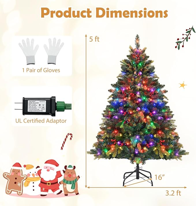 GOFLAME 5FT Pre-lit Artificial Christmas Tree, Hinged Xmas Tree with Remote and App Control, 250 Color & Mode Changing RGB Lights, Timer, 584 Branch Tips, Pine Cones and Red Berries