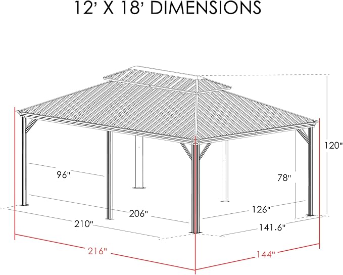 Kozyard Alexander 12' X 18' Hardtop Permanent Aluminum Metal Gazebo with Galvanized Steel Double Roof Canopy, Curtain and Netting Pavilion for Patio, Backyard, Deck, Lawn (Gray)