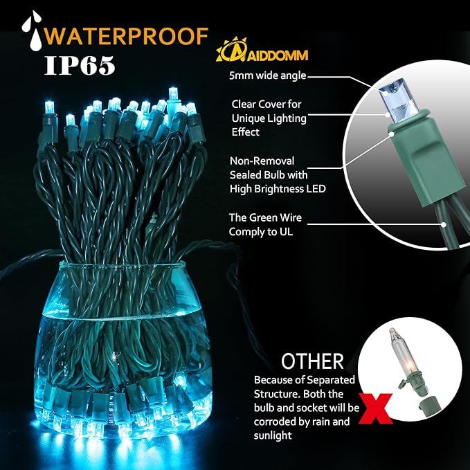 50 Counts Aqua LED Christmas Lights - 25ft 5mm String Lights Outdoor Commercial Grade Waterproof, Indoor Christmas Tree Decorations, Green Wire Mini String Lights, UL, IP:65