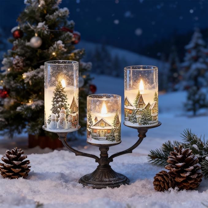 Wondise Chrismtas Snowman Glass Flameless Candles with Remote Timer, Battery Operated Real Wax LED Flickering Pillar Candles with Christmas Tree Decal for Christmas Decoration