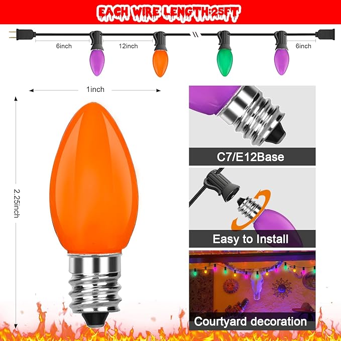 C7 Outdoor Halloween Lights Waterproof, 25Ft LED Outdoor Halloween Decorations Lights with 27 C7 Orange, Purple and Green Bulbs, Hanging Backyard Light for Roofline Garden Patio Holiday Pathway Porch