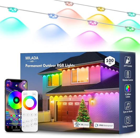 Permanent Outdoor Lights RGB Smart IC 100FT/50LEDs Decor IP68 Waterproof Music Sync Eaves Lights with Remote&APP Control Suitable for Holiday Decoration Christmas Garden Party Decor Deck