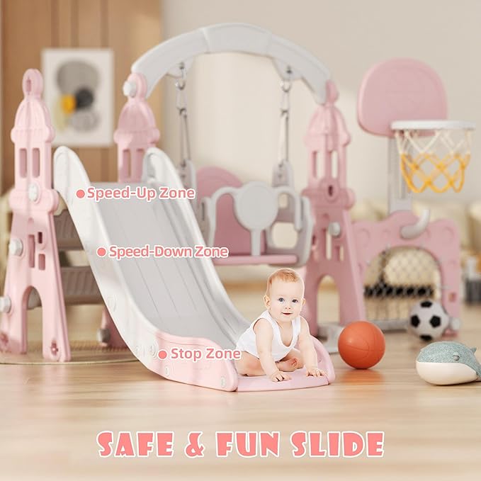 KORIMEFA 5-in-1 Kids Slide and Swing Set, Toddler Slide with Basketball Hoop, Swing, Outdoor Indoor Playground for Toddlers 1-3 (5 in1-Pink)