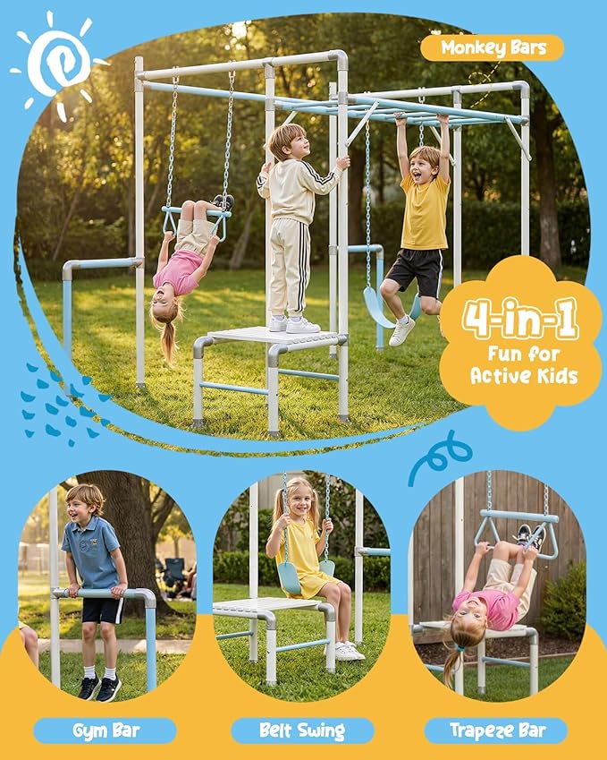 Outdoor Jungle Gym with Monkey Bars Frame, Climbing Set, Trapeze Swing Bar, Belt Swing, Kids Gymnastics Bars, Playground Set with Powder Coated Galvanized Steel for Backyard, Garden, White