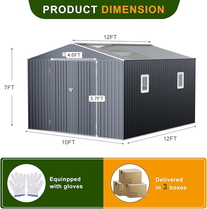 12x10 FT Metal Sheds & Outdoor Storage: Heavy Duty Garden Sheds with Dual Transparent Roof Panels, DIY-installable Windows & Lockable Doors, Weatherproof Tool Shed for Backyard, Garden, Patio, Grey