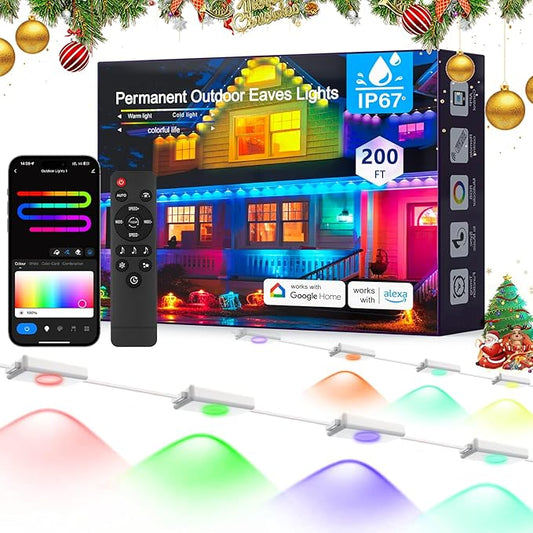 200FT RGBIC Permanent Outdoor Lights, IP67 Waterproof Roofline Eaves Lights, App Control Music Sync, Color-Changing Outdoor LED Lights for House, Christmas & New Year