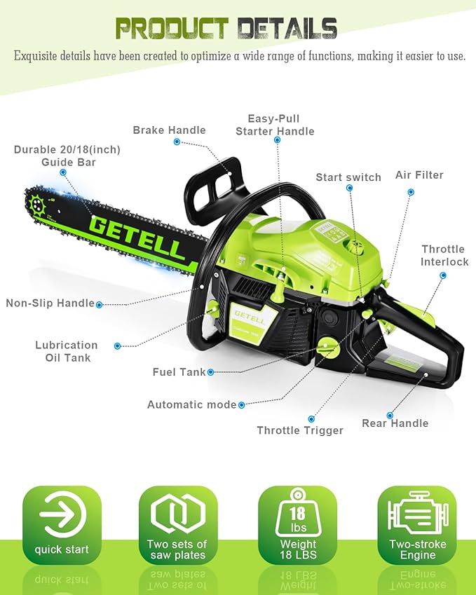 58cc Gas Chainsaw 20 Inch & 18 Inch Bar – 3.6 HP Gas Powered Chainsaw with Easy-Start, Pro Anti-Vibration for Farm, Ranch, and Ranch & Heavy-Duty Work (G338 PRO)
