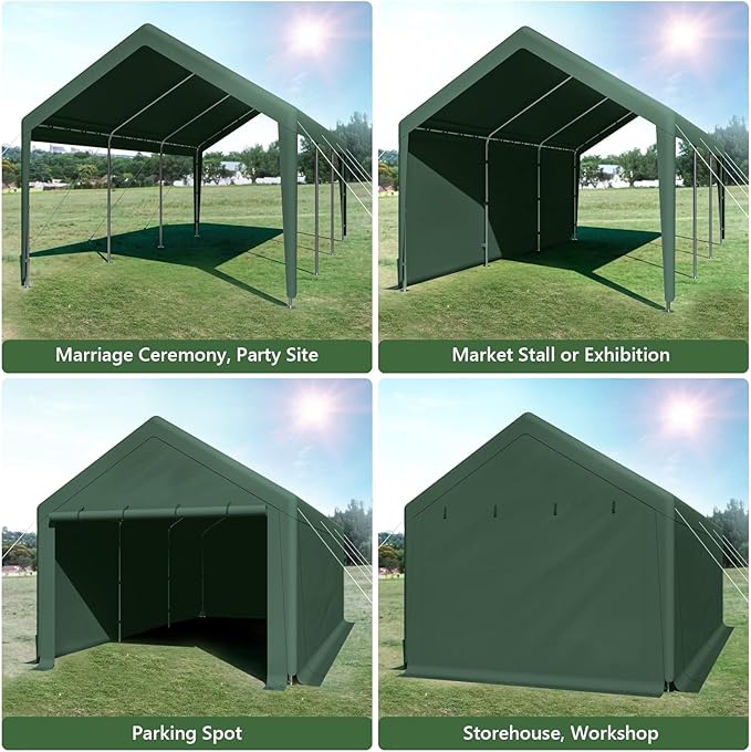 10x20 ft Heavy Duty Carport, Carports Garage with Removable Sidewalls and Reinforced Structure, Outdoor Car Canopy Tent Shelter for Vehicle and Boat (Green)