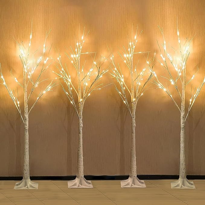 4-Pack 4FT Lighted Birch Trees (Higher Size & Floor Standing), 192 LED Twinkling Birch Christmas Tree Lights for Indoor & Outdoor, 2 Modes Warm White Tree Lights for Christmas Thanksgiving Home Decor
