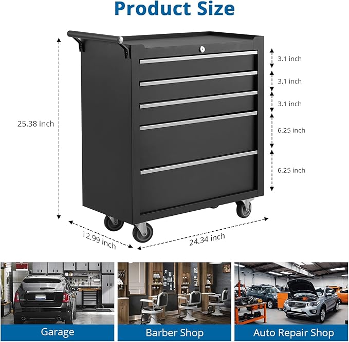 Rolling Tool Chest with Wheels - Heavy Duty 5 Drawer Tool Cart with Keyed Lockable, Side Handle, Protective Liner, Mobile Metal Storage Organizer Cabinets for Garage, Warehouse, Repair Shop