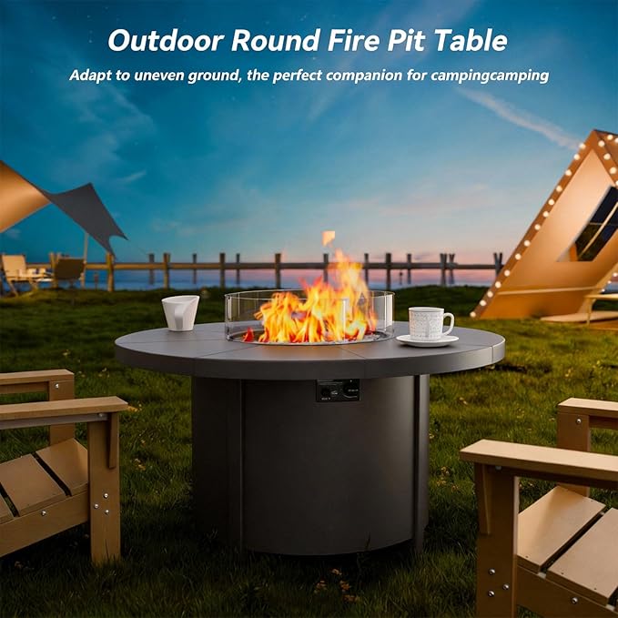 48 Round Propane Fire Pit,Steel Tabletop Fire Pit w Lava Rocks,55000 BTU Auto-Ignition Gas Fire Pits with Lid & Windproof Glass for Outdoor,Patio,Backyard