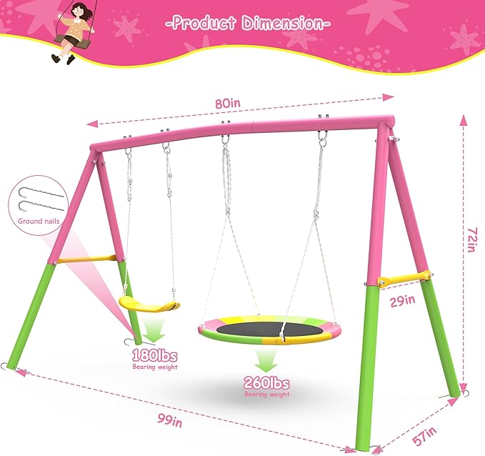 440lbs Swing Set for Backyard with Stand, Swing Heavy Duty Metal Outdoor Swing Stand, Contain 1 Saucer 32 & 1 Belt seat 26.2 for Playground and Backyard Playset, Adjustable Rope (Pink)