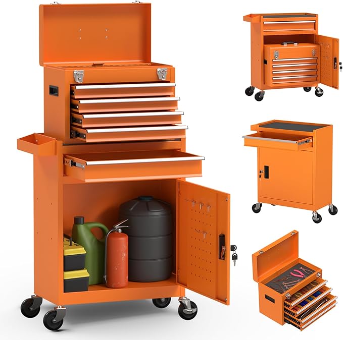 5-Drawer High Capacity Rolling Tool Box, Removable Cabinet Storage Tool Chest with Wheels and Drawers, Detachable Toolbox with Lock for Mechanics Garage Workshop and Tool Room (Orange)
