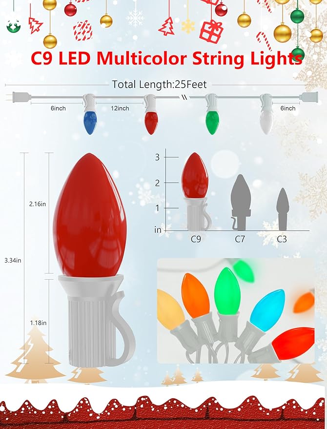25Ft C9 LED Christmas Lights Outdoor, Vintage Christmas String Light Plug in with 26 Shatterproof C9 Multicolor Bulbs Christmas Decorations Lights for Christmas Tree Patio Roofline Party, White Wire