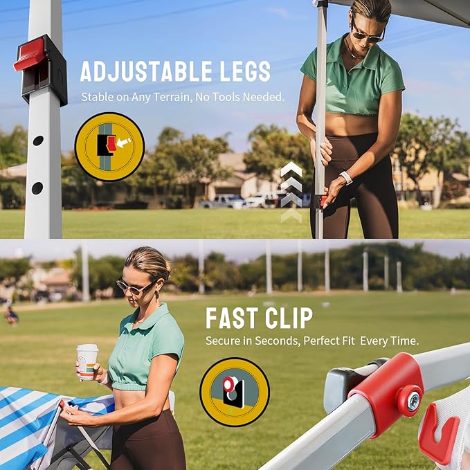 Crown Shades 10x10 Pop Up Canopy - Beach Tent with One Push Setup - Outdoor Sun Shade for Events, Parties, Camping - STO-N-Go Cover Bag, Silver Coated Top, 3 Height& 4 Sand Bags, Sky Blue Stripes