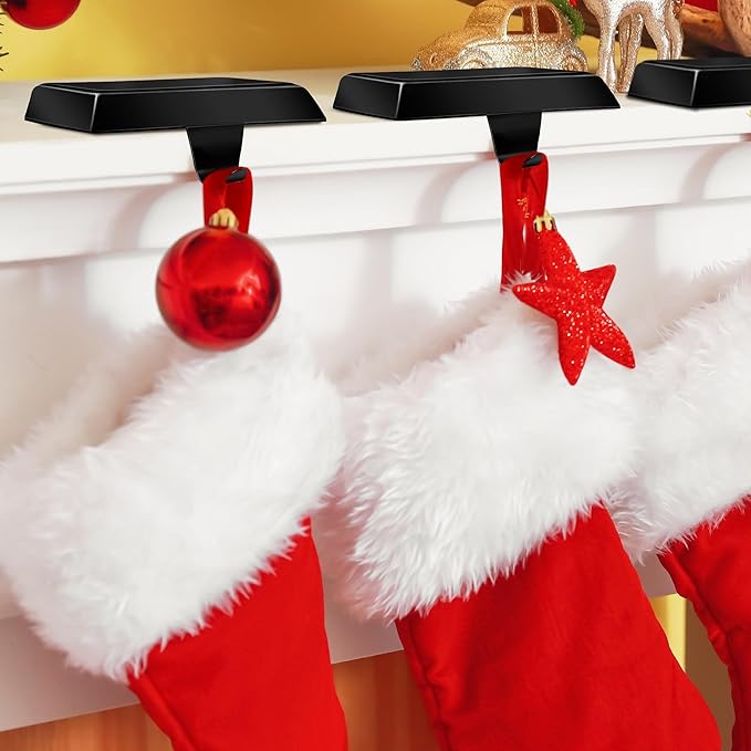 Fovths 4 Pieces Christmas Stocking Holders Bases Metal Mantle Stocking Hooks Fireplace Stocking Hanger Weighted Hanging Hooks for Xmas Holiday Party Decorations, Black