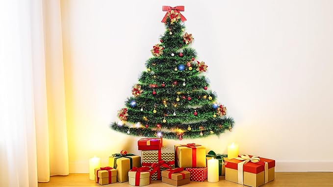 32 Feet Christmas Garland with Lights, DIY Christmas Tree Wall Corner Decor Artificial Garland with Butterfly, Flower and Balls, Battery Operated (Battery Not Included) for DIY Decoration