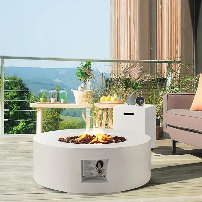 ECOTOUGE 2-Piece Gas Fire Pit, Outdoor Propane Fire Pit Table Set w/Tank Cover, 30''Auto-Ignition Round Steel Fire Table, 50,000 BTU Concrete Fire Pit w/Weather-Resistant Pit Cover, Lava Rocks, White