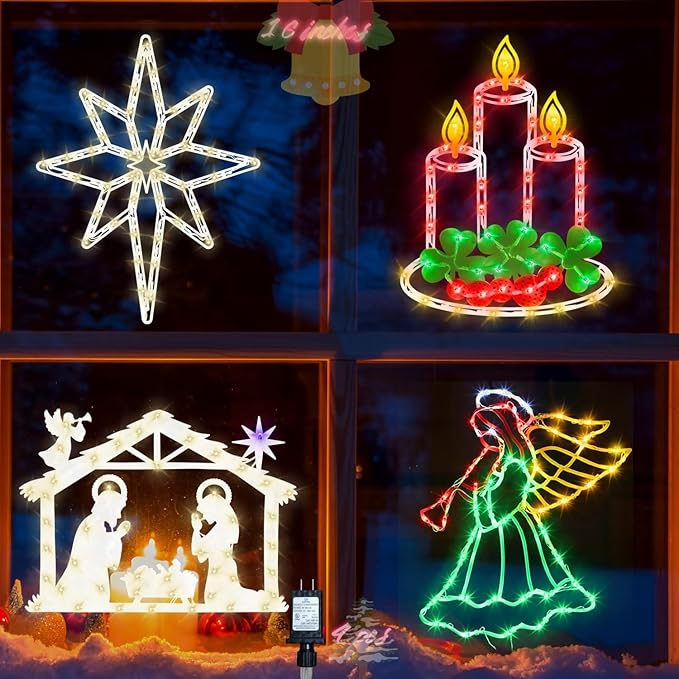 16" Christmas Window Silhouette Lights Decorations - 4 Pack Colour Lighted Angel ＆ Nativity ＆ Candle ＆ Bethlehem Star for Holiday Wall Door Window Decorate