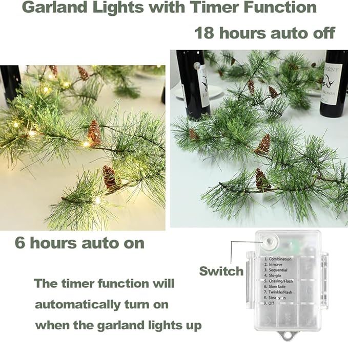 Remote Christmas Smokey Pine Garland with Lights 6.56FT Garlands with Timer 30 LED Fairy Lights Battery Operated Garland Lights with Pinecones Christmas Pre-lit Light for Home