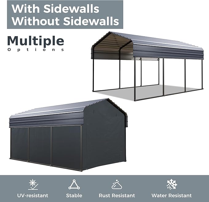 10 x 15 ft Metal Carport Kits with Galvanized Steel Roof & Removable Sidewalls, Heavy Duty Metal Carport Canopy, Outdoor Car Tent Metal Garage Shelter for Car, SUV, Truck and Boats, Gray