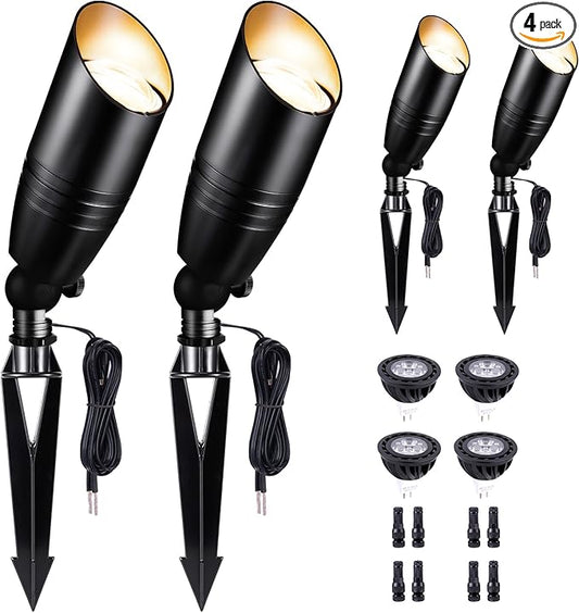 Low Voltage Spotlight, Black LED Landscape Lighting Tree Light, Outdoor 12V Waterproof Aluminum Uplight for Tree Yard Garden with 5W MR16 Bulb 5000K 4 Pack