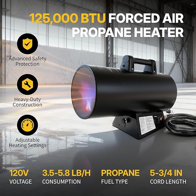 125,000 BTU Portable Forced Air Propane Heater - 10 ft Hose & Regulator Included, Adjustable Torpedo Heater for Garage, Construction Sites, Jobsite, Patio
