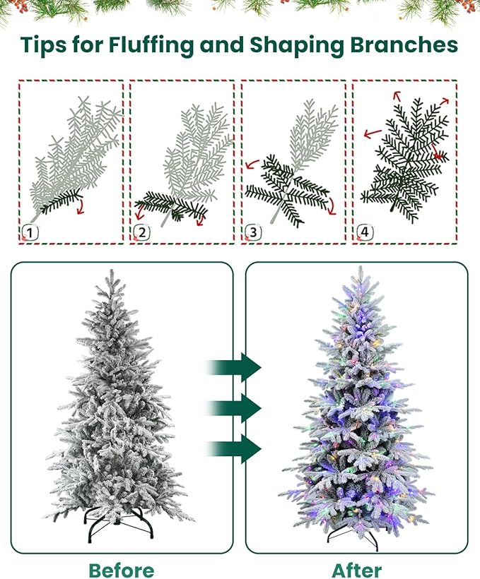 8FT Prelight Premium Artificial Christmas Tree，Snow Flocked Frosted PE Tips Xmas Tree，Foldable Metal Base ，Holiday Decoration Muticolor LED Flocado árbol de Navidad, White
