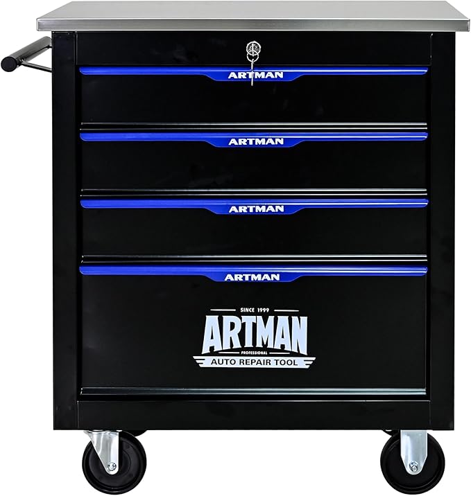 RYH 4/5/6/7 Drawers Rolling Tool Chest -Heavy Duty Mobile Metal Tool Box with Locking Wheels, with Stainless Steel Worktop, Garage Tool Storage Cabinet (Black-Blue, 4-Drawers 30.7 H¡¿25.9 W)