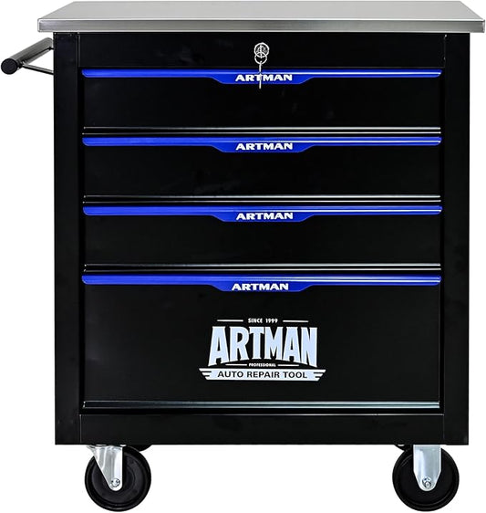 RYH 4/5/6/7 Drawers Rolling Tool Chest -Heavy Duty Mobile Metal Tool Box with Locking Wheels, with Stainless Steel Worktop, Garage Tool Storage Cabinet (Black-Blue, 4-Drawers 30.7 H¡¿25.9 W)