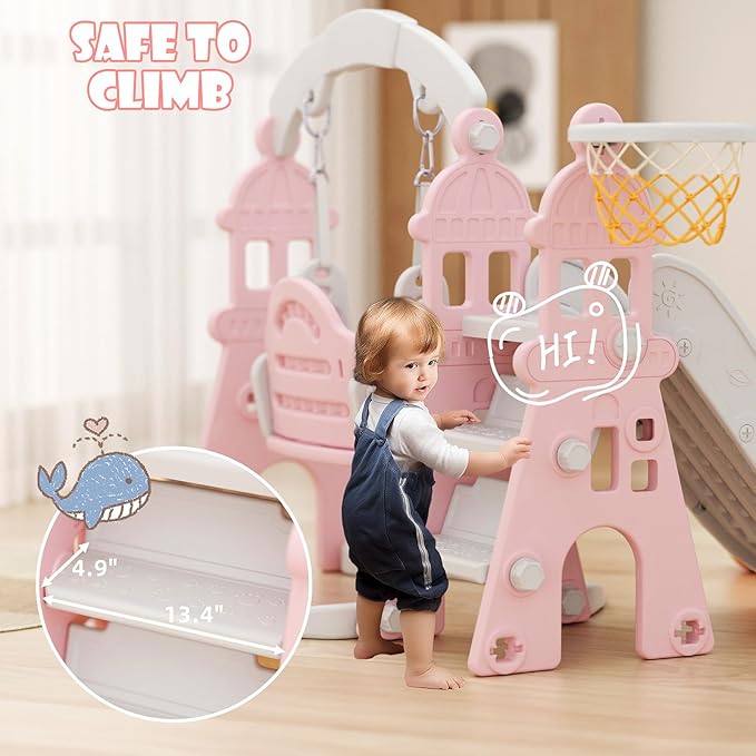 KORIMEFA 4-in-1 Kids Slide and Swing Set, Toddler Slide with Basketball Hoop, Swing, Outdoor Indoor Playground for Toddlers 1-3 (4 in 1-Pink)