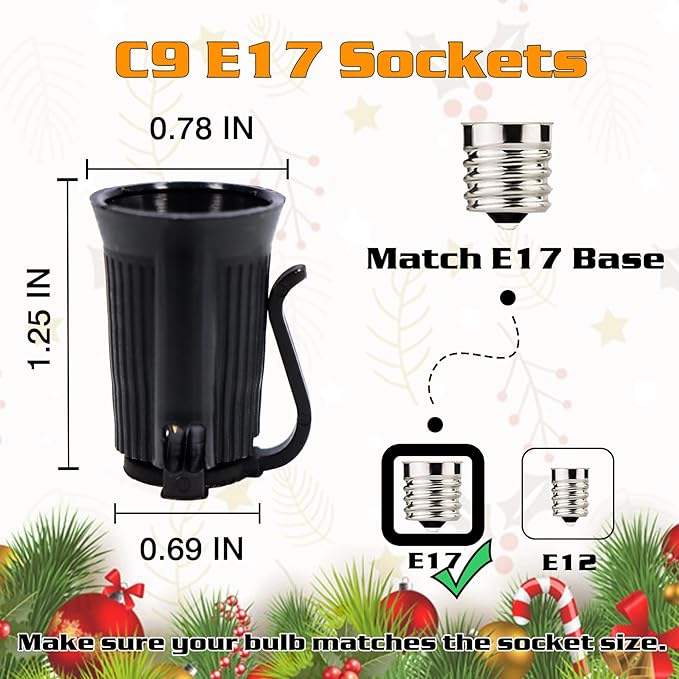 50FT C9 Light String Christmas Stringer, E17 Light Sockets 12" Spacing, C9 Stringer Set Black Outdoor String Light Strand for Wedding Patio Event Lighting Decor, Black Wire