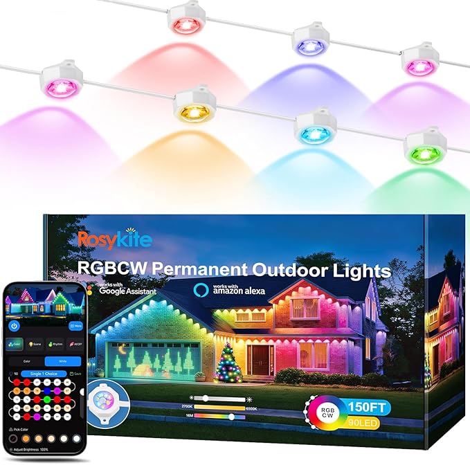 Permanent Outdoor Christmas Lights for House WiFi,150ft Smart RGB+IC Color Eave House Lights,Tunable Warm to Cool White 60lm for Daily Lighting,IP67 Waterproof, Alexa Google APP Remote Control