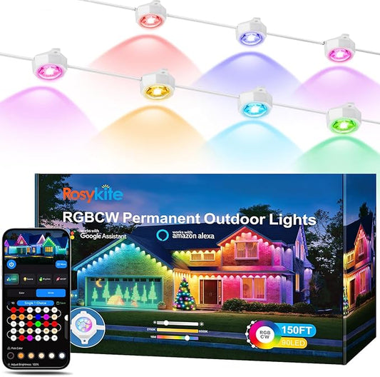Permanent Outdoor Christmas Lights for House WiFi,150ft Smart RGB+IC Color Eave House Lights,Tunable Warm to Cool White 60lm for Daily Lighting,IP67 Waterproof, Alexa Google APP Remote Control