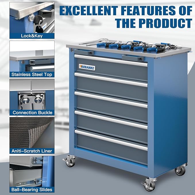 Combination Tool Chest with Lock,5-Drawer/2 Door Tool Cabinet can be Interconnected,Rolling Tool Chest with Wheels and Padded Feet,with Stainless Steel Protective Film Countertop