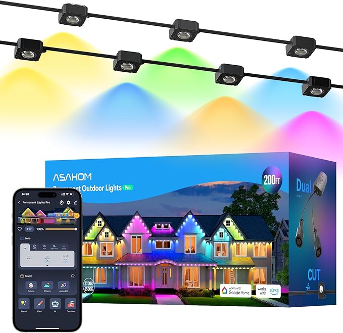 ASAHOM Permanent Outdoor Lights Pro S108D, 200FT with 144 RGBCW LEDs, WLED Integration, AI Lighting, 30000 Lighting Effect Combination, IP67 Waterproof for Christmas New Year Daily Decor, Black