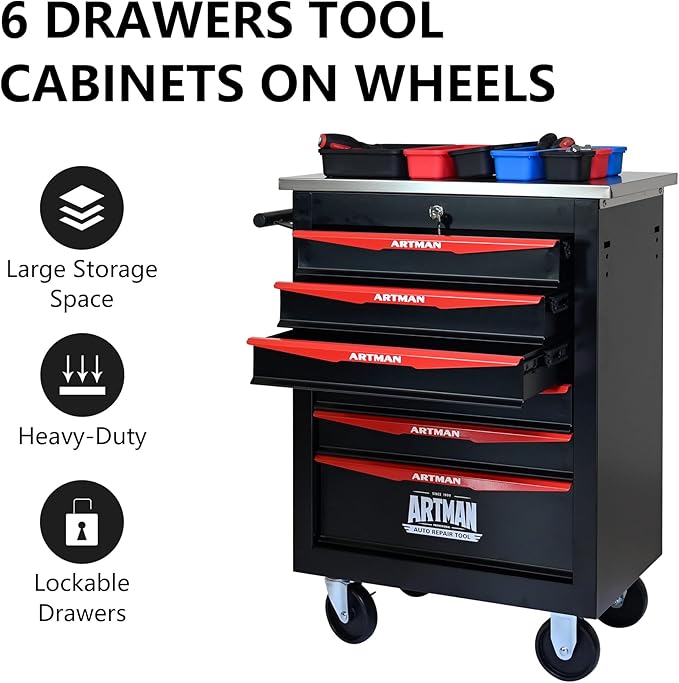 RYH 4/5/6/7 Drawers Rolling Tool Chest -Heavy Duty Mobile Metal Tool Box with Locking Wheels, with Stainless Steel Worktop, Garage Tool Storage Cabinet (Black, 6-Drawers 30.7 H¡¿22.2 W)