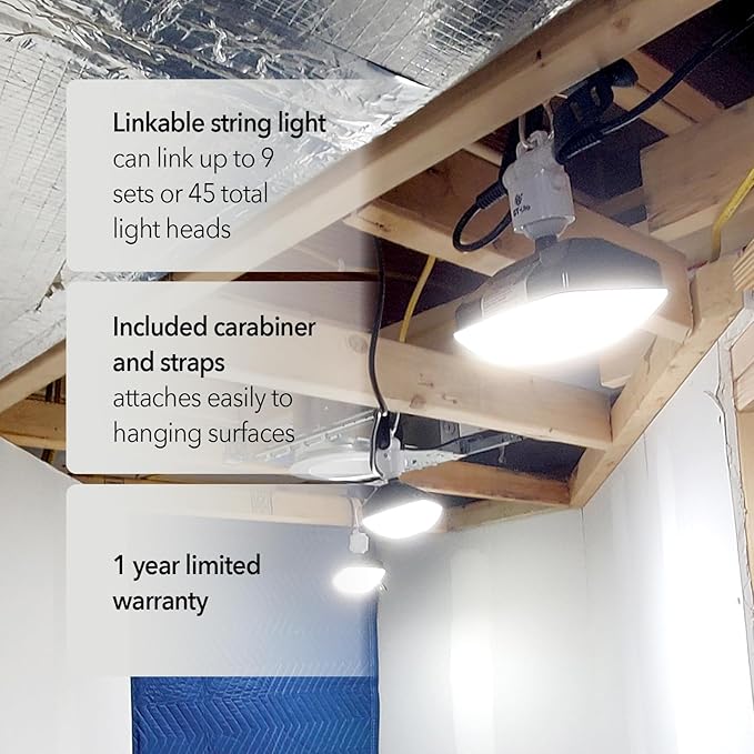 50FT LED Work Light 7500 Lumen 75W LED Damp Location Construction String Lights Linkable for Jobsite Lighting, Adjustable, ETL Listed (5 Light Heads) (7500 Lumen)