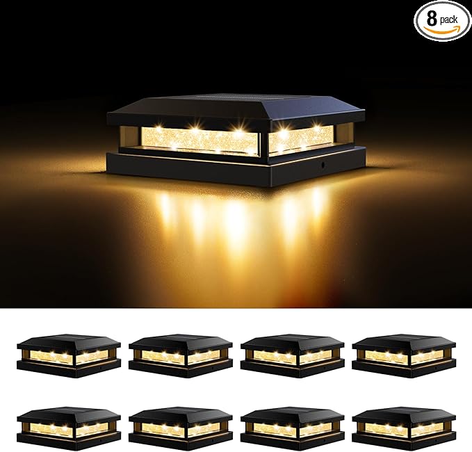 Brightever 4x4 Solar Post Cap Lights Outdoor 8 Packs, Waterproof Solar Powered Deck Light for 5x5 Vinyl/Wooden Posts, Black Outside Warm/Cool Lighting Fence Cap Lights with 16LEDs for Garden, Patio