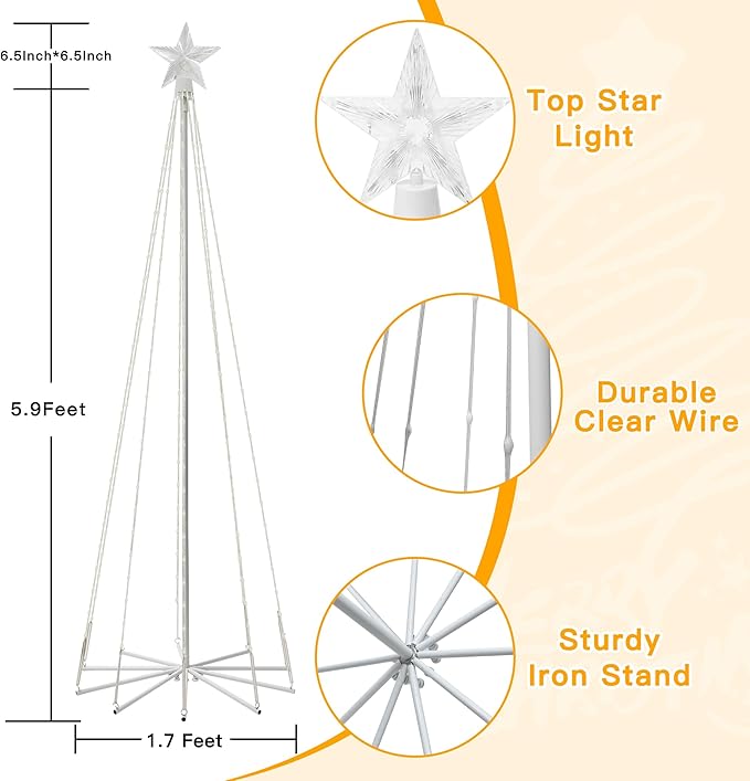 Ollny Christmas Tree Lights 6FT 170 LED, RGB 34 Modes Color Changing Outdoor String Light with Plug in Remote, Waterproof Star Lights for Xmas Outside Indoor Yard Porch Decorations